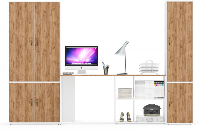 Лидер-8 Шкаф МД 20Б + Стол + Пенал 23Б, цвет белый шагрень/крафт золото, ШхГхВ 285х50/37,5х75/190 или 195х120х75/190 см., НЕ ун.сб.