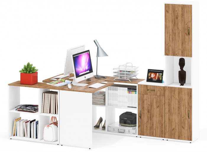 Лидер-8 Стол + Стол + Пенал + Тумба МД 3.15, цвет белый шагрень/крафт золото, ШхГхВ 410х50/30х75/190 см. или 230х50/160х75/190 см., НЕ универс. сборка