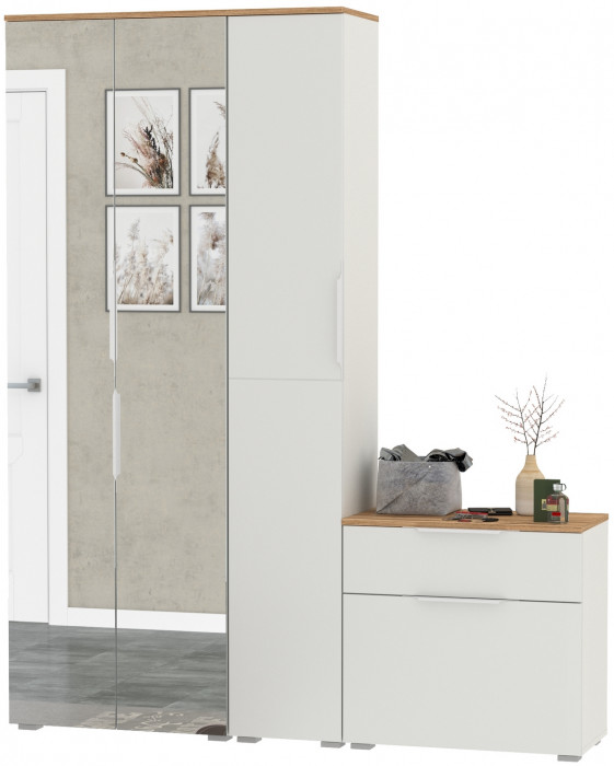 Октава Прихожая 21, цвет белый шагрень/дуб крафт золотой/фасады МДФ белый шагрень, ШхГхВ 161,5х35,4х197,6 см., универсальная сборка