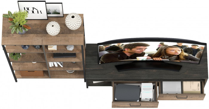 Трувор 13.70 Тумба под ТВ + 13.151.02 Стеллаж, цвет дуб гранж песочный/интра, ШхГхВ 239,8х45,4х146 см., универсальная сборка