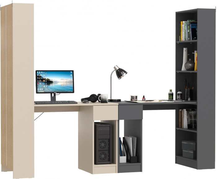 Два Стола письменных Лайт 10.01, цвет сатин/тёмно-серый, ШхГхВ 230,6х58,2х179 см., универсальная сборка(обязательно крепление к стене)