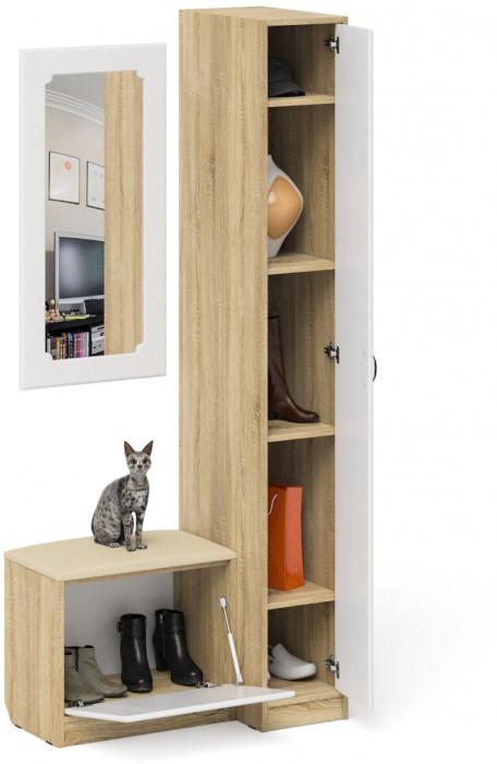 Прихожая П-6 Компоновка № 40, цвет дуб сонома/фасады МДФ белое дерево фрезеровка ромб, ШхГхВ 90х50х210 см., универсальная сборка