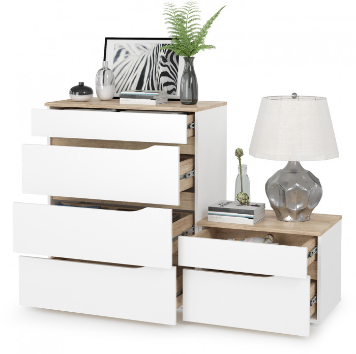 Муссон 13.97 Комод + 16.03 Тумба, цвет белый/дуб эндгрейн элегантный, ШхГхВ 133х39,4х92,6 см., четыре выдвижных ящика, ручки-вырезы, НЕ универс. сб.