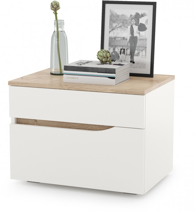 Муссон 13.97 Комод + 16.03 Тумба, цвет белый/дуб эндгрейн элегантный, ШхГхВ 133х39,4х92,6 см., четыре выдвижных ящика, ручки-вырезы, НЕ универс. сб.