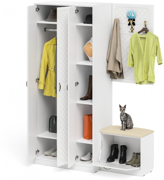 Прихожая П-6 Компоновка № 47, цвет белая шагрень/фасады МДФ белое дерево фрезеровка ромб, ШхГхВ 150х50х210 см., универсальная сборка