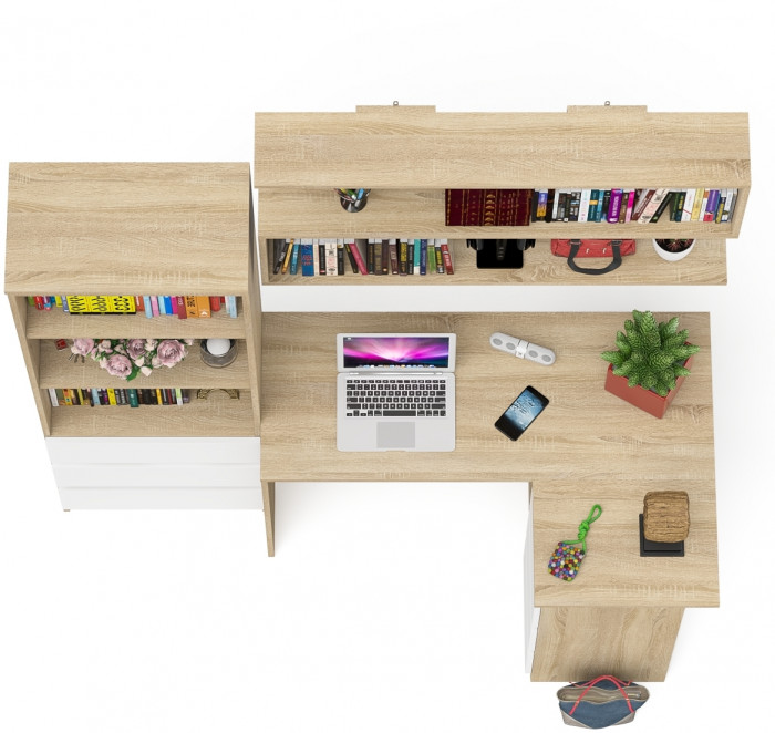 Мори компьютерный стол МС-16 правый + Стеллаж МСТ600.3 + Полка 1200, дуб сонома/белый