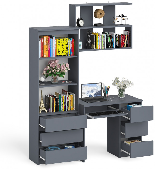 Мори Стол компьютерный МС-6 правый + Стеллаж МСТ600.3 + Полка 900, цвет графит, ШхГхВ 150,4х50х209,6 см., НЕ универсальная сборка