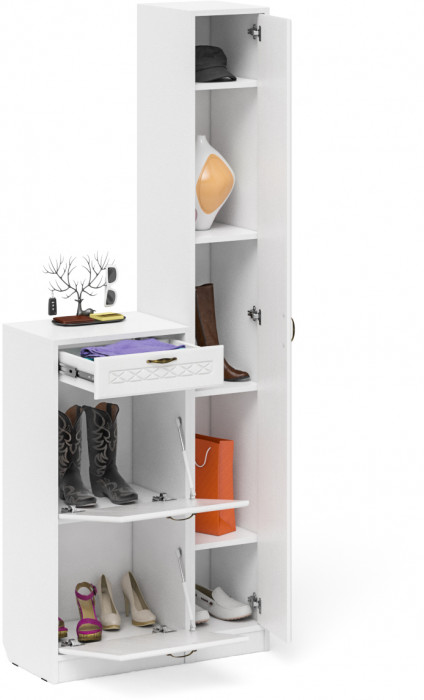 Прихожая П-6 Компоновка № 22, белая шагрень/фасады МДФ белое дерево фрезеровка ромб