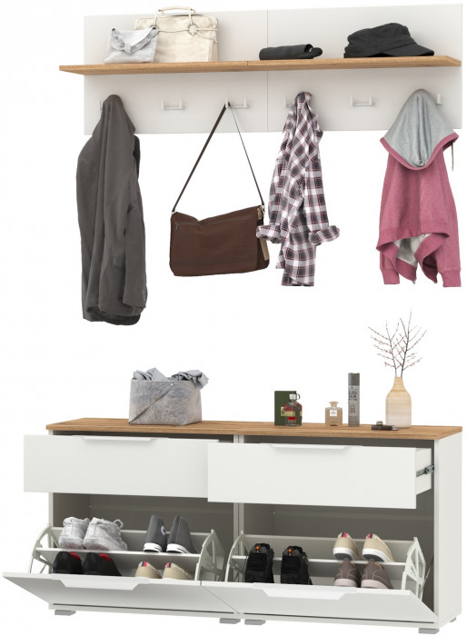 Октава Прихожая 03, цвет белый шагрень/дуб крафт золотой/фасады МДФ белый шагрень, ШхГхВ 129,8х35,4х197 см.