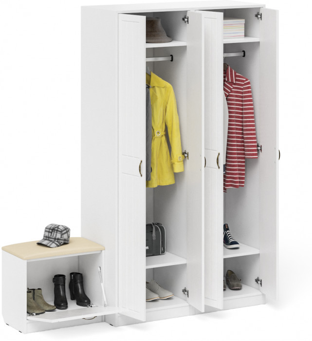 Прихожая П-6 Компоновка № 07, цвет белая шагрень/фасады МДФ белое дерево фрезеровка прованс, ШхГхВ 180х50х210 см., универсальная сборка