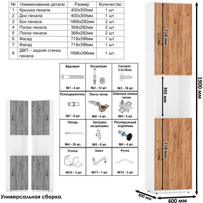 Лидер-8 Стол + Стол + Пенал + Тумба МД 3.19, цвет белый шагрень/крафт золото, ШхГхВ 410х50/30х75/190 см. или 230х50/160х75/190 см., НЕ универс. сборка