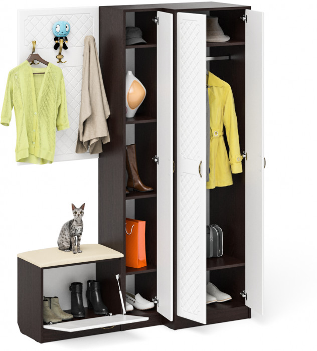 Прихожая П-6 Компоновка № 27, цвет венге/фасады МДФ белое дерево фрезеровка ромб, ШхГхВ 150х50х210 см., универсальная сборка