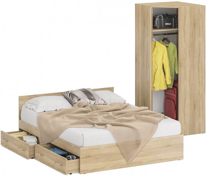 Кровать с ящиками 1600 + Шкаф угловой Стандарт, цвет дуб сонома, ШхГхВ 163,5х203,5х70 + 81,2х81,2х200 см., сп.м. 1600х2000 мм., б/м, основание есть