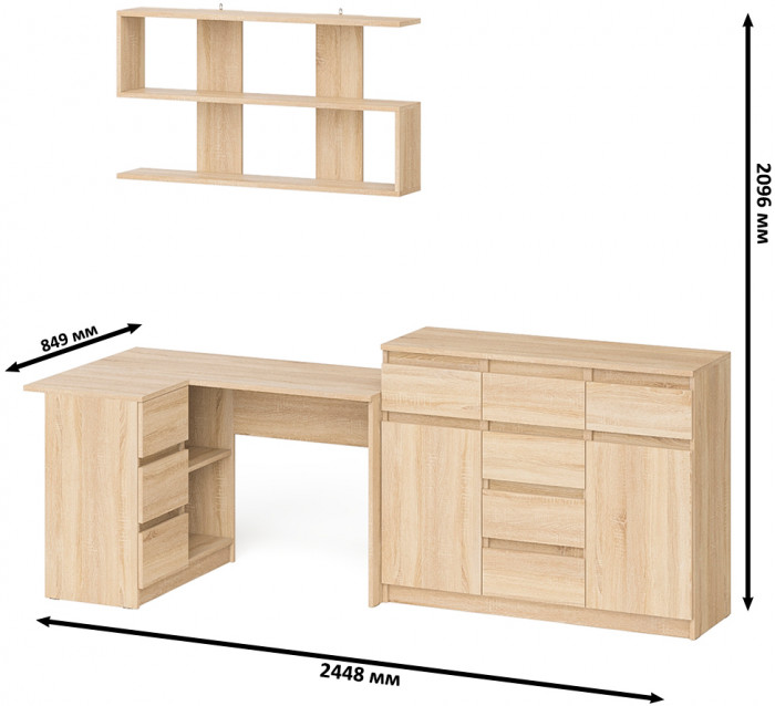 Мори компьютерный стол МС-16 левый + Комод МК1200.4 + Полка 1200, дуб сонома