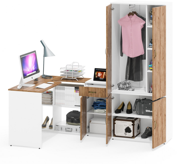 Лидер-8 Стол + Тумба МД 3.15 + Шкаф МД 20Б, цвет белый шагрень/крафт золото, ШхГхВ 285х50/37,5х75/190 или 115х200/50х75/190 см., НЕ ун. сборка