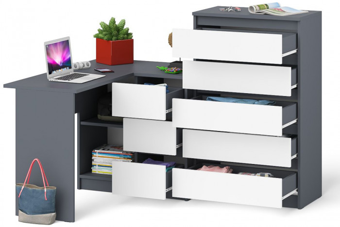 Мори Стол компьютерный МС-16 правый + Комод МК700.5, цвет графит/белый, ШхГхВ 194,8х84,9х114 см., выдвижные ящики справа, НЕ универсальная сборка
