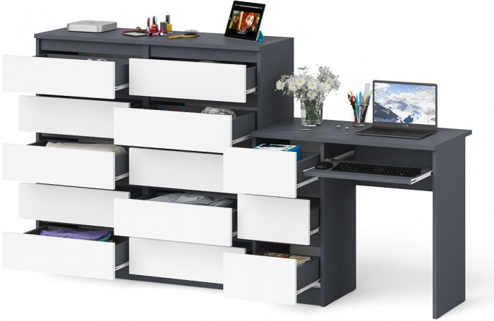 Мори Стол компьютерный МС-6 левый + Комод МК1200.10, цвет графит/белый, ШхГхВ 210,4х50х115 см., выдвижные ящики слева, НЕ универсальная сборка