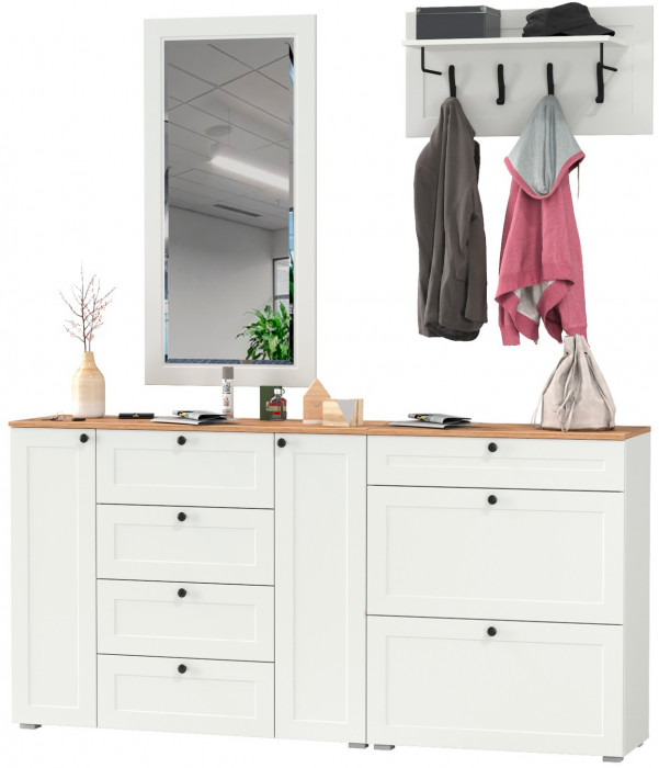 Остин Прихожая 56, цвет белый шагрень/дуб крафт золотой, ШхГхВ 200х54,3х210 см., универсальная сборка