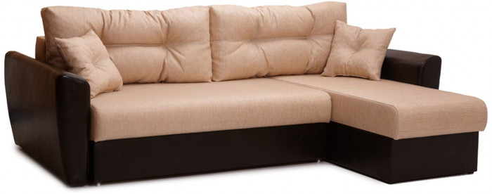 Диван-кровать угловой Амстердам, 150х200, еврокнижка, рогожка/экокожа, бежево-коричневый