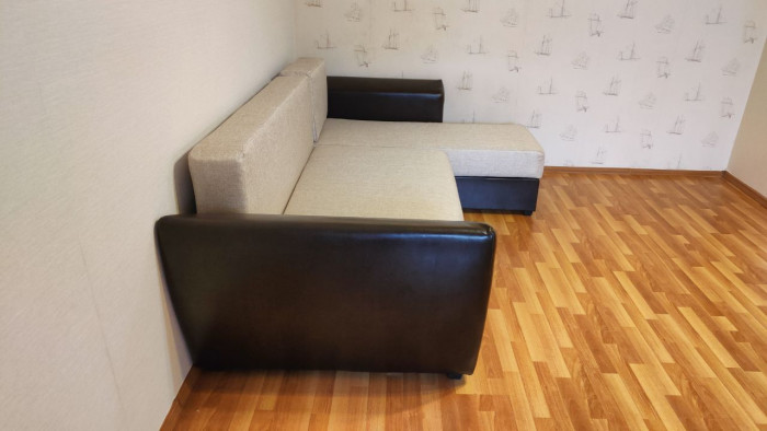 Диван-кровать угловой Амстердам, 150х200, еврокнижка, рогожка/экокожа, бежево-коричневый