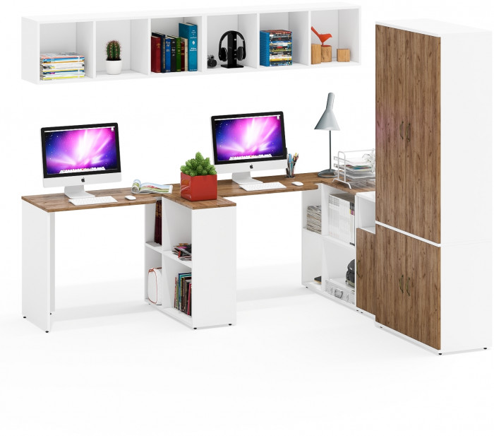 Лидер-8 Стол + Полка + Стол + Полка + Шкаф МД 20Б + Тумба МД 3.19, белый шагрень/крафт золото