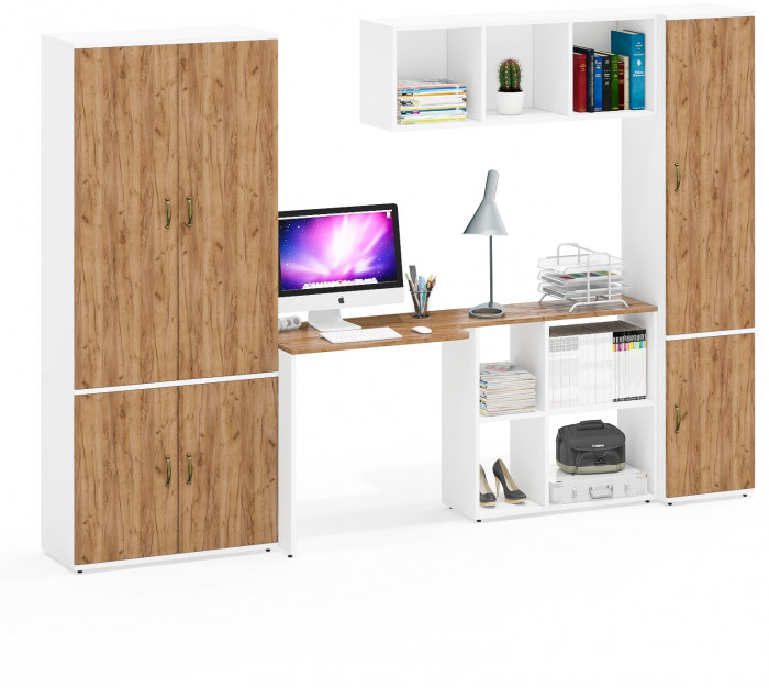 Лидер-8 Шкаф МД 20Б + Стол + Полка + Пенал 22Б, цвет белый шагрень/крафт золото, ШхГхВ 285х50/37,5х75/190 или 195х120х75/190 см., НЕ ун.сб.