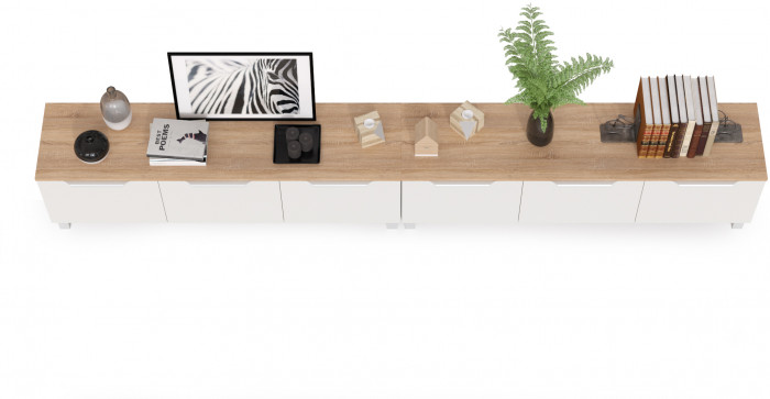 КР100 Тумба под ТВ 13.267.01 + 13.267.01, цвет белый шагрень/дуб сонома, ШхГхВ 276,8х34,9х43,8 см., универсальная сборка