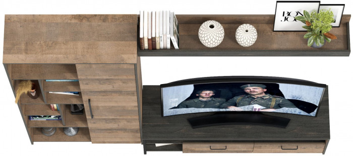 Трувор 13.70 Тумба под ТВ + 13.206 Шкаф-стеллаж + 15.60 Полка, цвет дуб гранж песочный/интра, ШхГхВ 242,8х45,4х194,2 см., универсальная сборка