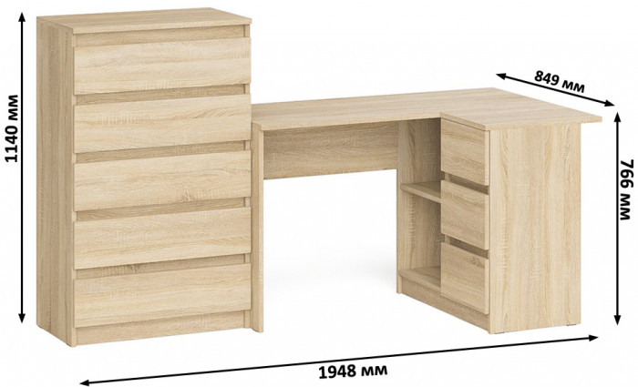 Мори Стол компьютерный МС-16 правый + Комод МК700.5, цвет дуб сонома, ШхГхВ 194,8х84,9х114 см., выдвижные ящики справа, НЕ универсальная сборка