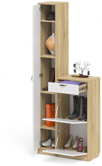 Прихожая П-6 Компоновка № 22, дуб сонома/фасады МДФ белое дерево фрезеровка прованс