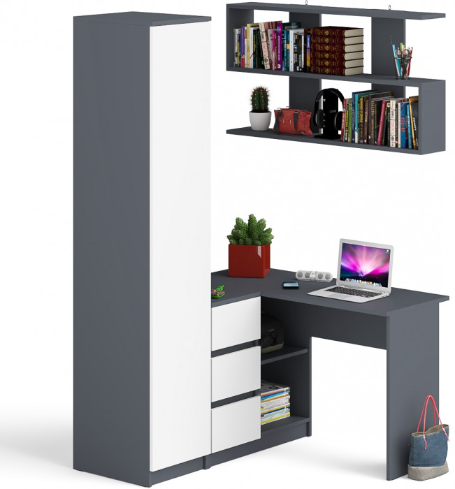 Мори компьютерный стол МС-16 левый + Пенал МШ400.1 + Полка 1200, графит/белый