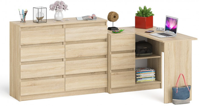 Мори Стол компьютерный МС-16 левый + Комод МК1200.8, цвет дуб сонома, ШхГхВ 244,8х84,9х94 см., выдвижные ящики слева, НЕ универсальная сборка