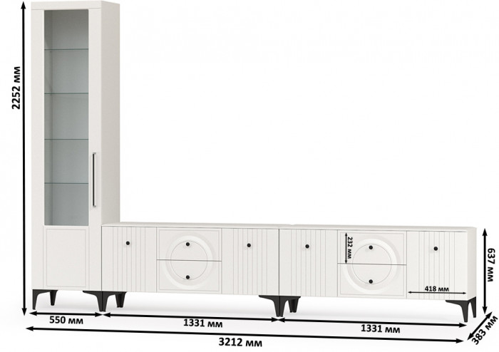 Валенсия Гостиная № 079, цвет ЛДСП белый шагрень/МДФ белый шагрень, ШхГхВ 321,2х38,3х225,2 см., универсальная сборка