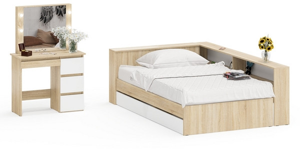 Ксения Кровать с ящиками 1200 + прикроватный блок + Столик с подсветкой Сура, дуб сонома/белый