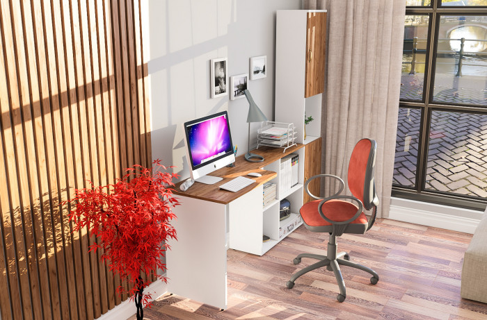 Лидер-8 Стол + Пенал, белый шагрень/крафт золото