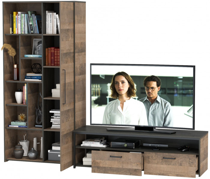 Трувор 13.70 Тумба под ТВ + 13.206 Шкаф-стеллаж, цвет дуб гранж песочный/интра, ШхГхВ 242,8х45,4х194,2 см., универсальная сборка