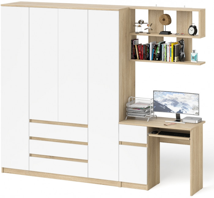 Мори Стол компьютерный МС-1 левый + Шкаф МШ1600.1 + Полка 900, цвет дуб сонома/белый, ШхГхВ 250,4х50,4х209,6 см., НЕ универсальная сборка