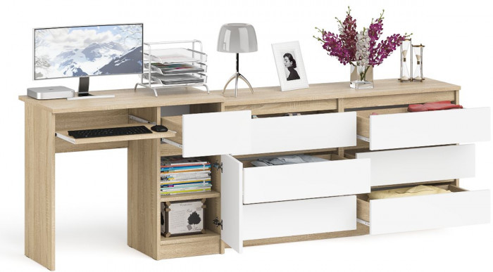 Мори Стол компьютерный МС-1 правый + Комод МК1380.6, цвет дуб сонома/белый, ШхГхВ 228х50х76,6 см., выдвижной ящик справа, НЕ универсальная сборка