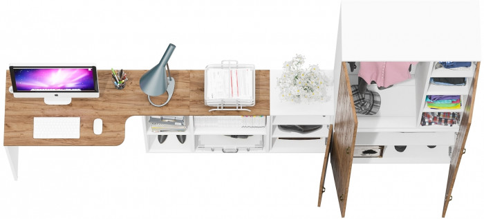 Лидер-8 Стол + Тумба МД 3.19 + Шкаф МД 20Б, цвет белый шагрень/крафт золото, ШхГхВ 285х50/37,5х75/190 или 115х200/50х75/190 см., НЕ ун. сборка