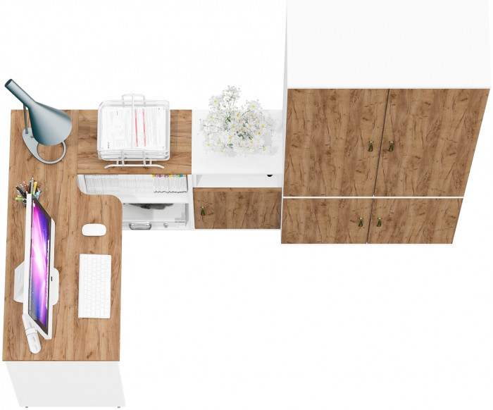 Лидер-8 Стол + Тумба МД 3.19 + Шкаф МД 20Б, цвет белый шагрень/крафт золото, ШхГхВ 285х50/37,5х75/190 или 115х200/50х75/190 см., НЕ ун. сборка