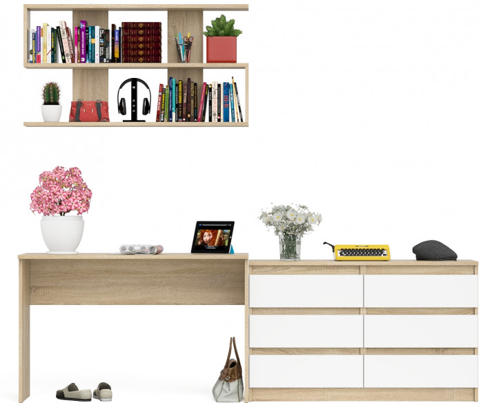 Мори Стол письменный МСП1200.1 + Комод МК1200.6 + Полка 1200, цвет дуб сонома/белый, ШхГхВ 240,8х50х209,6 см., универсальная сборка