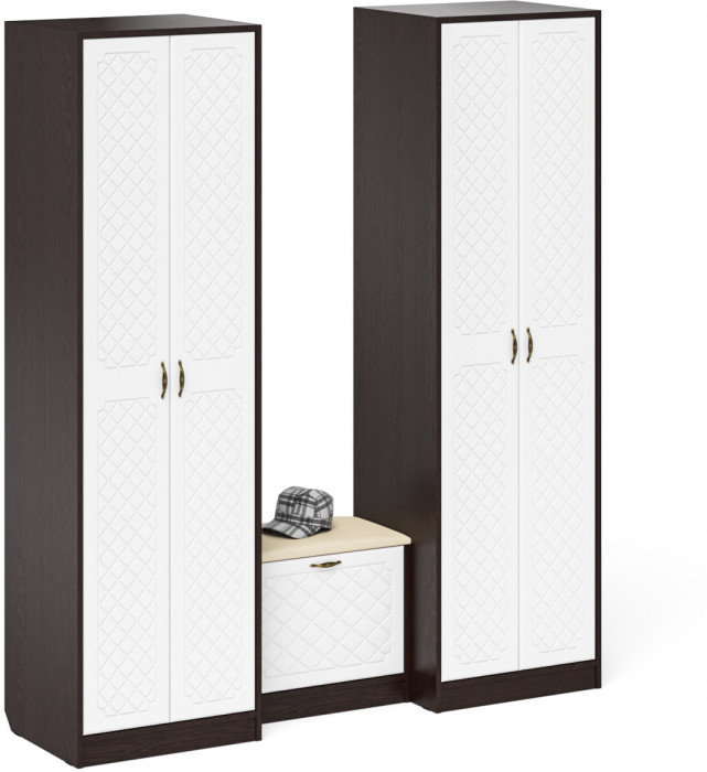 Прихожая П-6 Компоновка № 07, цвет венге/фасады МДФ белое дерево фрезеровка ромб, ШхГхВ 180х50х210 см., универсальная сборка