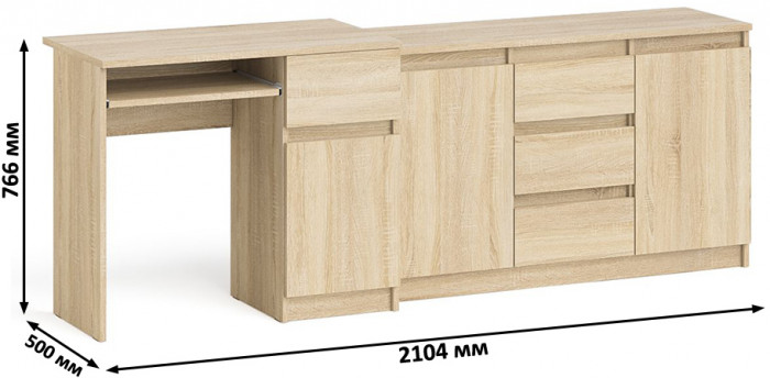 Мори компьютерный стол МС-1 правый + Комод МК1200.3, дуб сонома