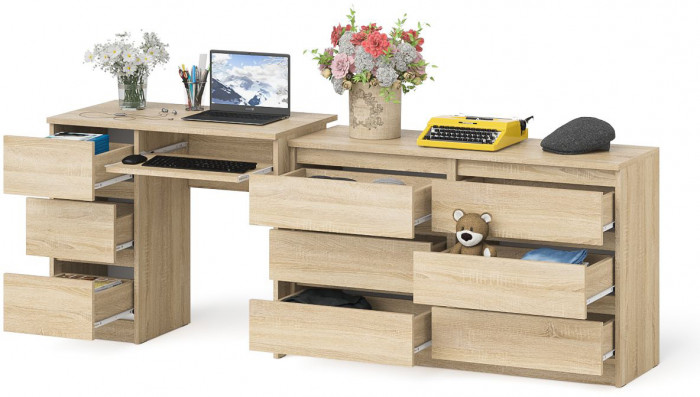 Мори компьютерный стол МС-6 левый + Комод МК1200.6, дуб сонома