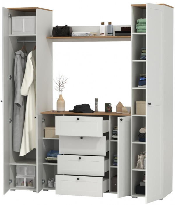 Остин Прихожая 74, цвет белый шагрень/дуб крафт золотой, ШхГхВ 200х54,3х229,6 см., универсальная сборка