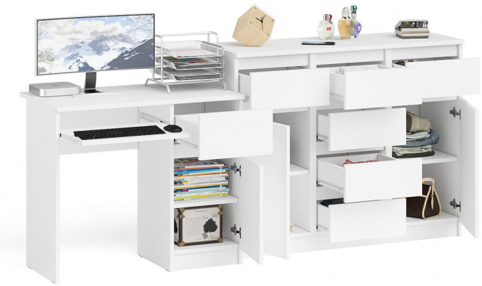 Мори компьютерный стол МС-1 правый + Комод МК1200.4, белый