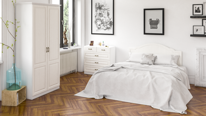 Ливерпуль Спальня № 4 Кровать 11.08ОСН + Шкаф 13.134 + карниз + Комод 10.103, цвет ясень ваниль/белый, сп. м. 1600х2000 мм., б/м, ортопед есть