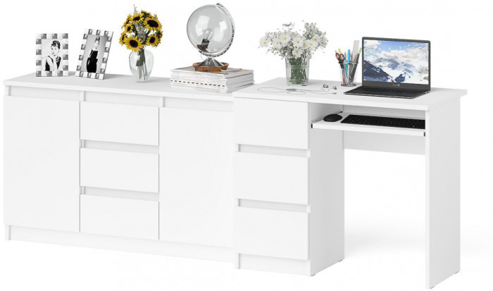 Мори Стол компьютерный МС-6 левый + Комод МК1200.3, цвет белый, ШхГхВ 210,4х50х76,6 см., выдвижные ящики слева, НЕ универсальная сборка