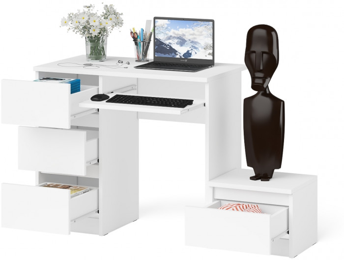 Мори Стол компьютерный МС-6 левый + Тумба ТМП400.1, цвет белый, ШхГхВ 130,4х50х76,6 см., выдвижные ящики слева, НЕ универсальная сборка