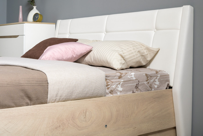 Муссон Кровать 11.28 + под. ортопед + 16.03 + 13.97 + Зеркало СВК + Тумба ТВ 13.276, белый/чёрный/дуб эндгрейн элегантный/кожзам белый, 1600х2000, б/м